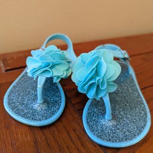 Stepping Stones Girls Blue Glitter Adjustable Thong Sandals w/Flower Accent sz 7